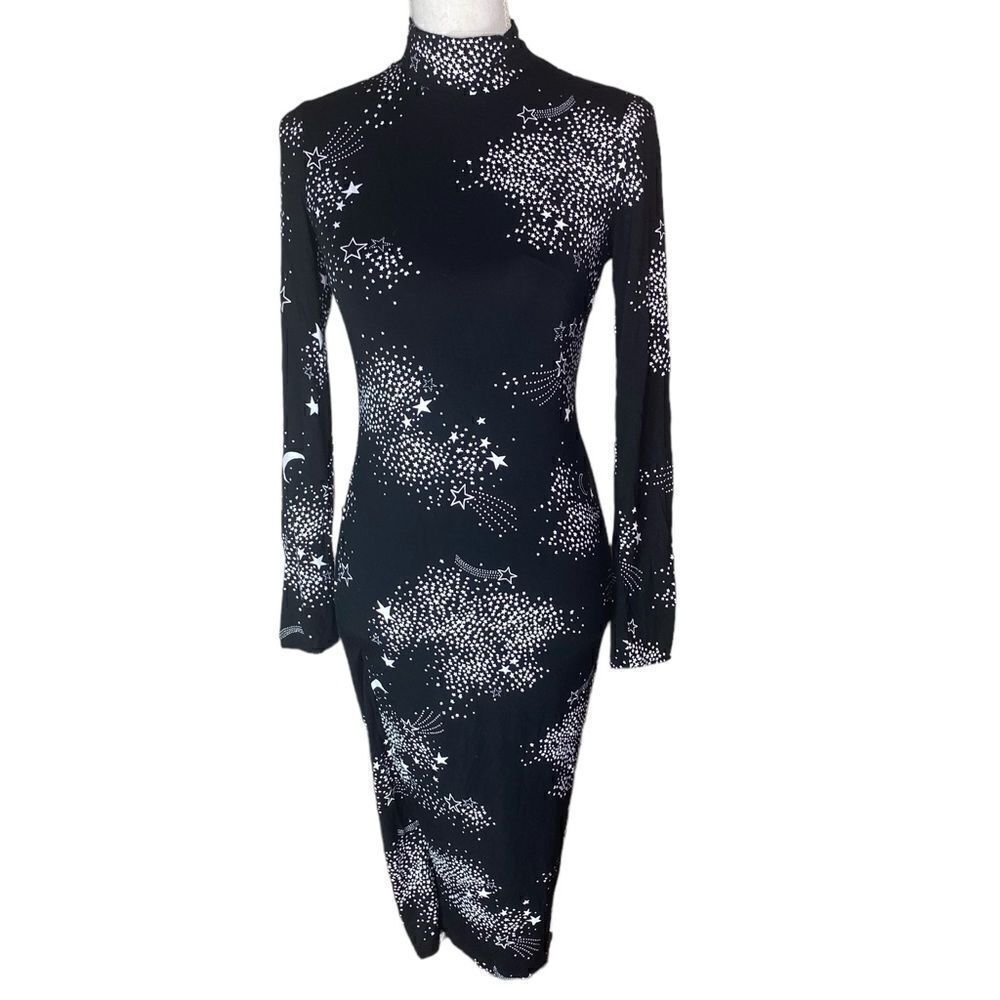 Bar lll Wm’s Sz Sm Black White Celestial Print Bodycon Long Sleeve Midi Dress